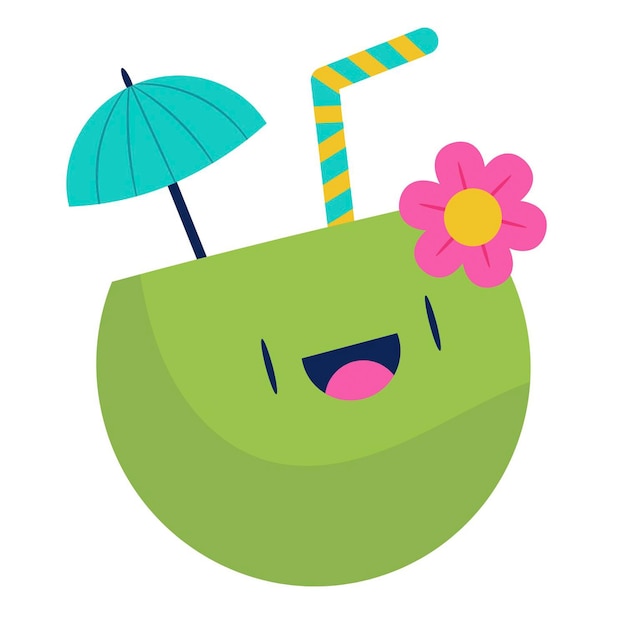 Há um coco verde com uma palha e uma flor nele.