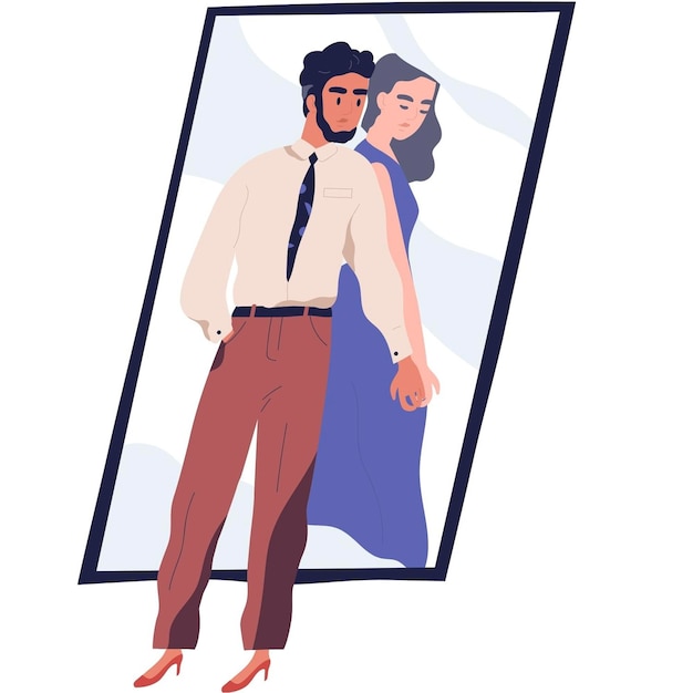 Há um homem e uma mulher de pé em frente a um espelho.