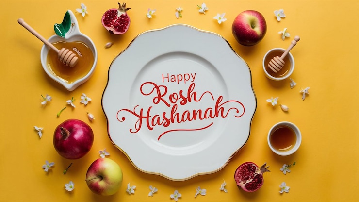 Vetor há uma placa branca com uma borda dourada com o texto feliz rosh hashanah
