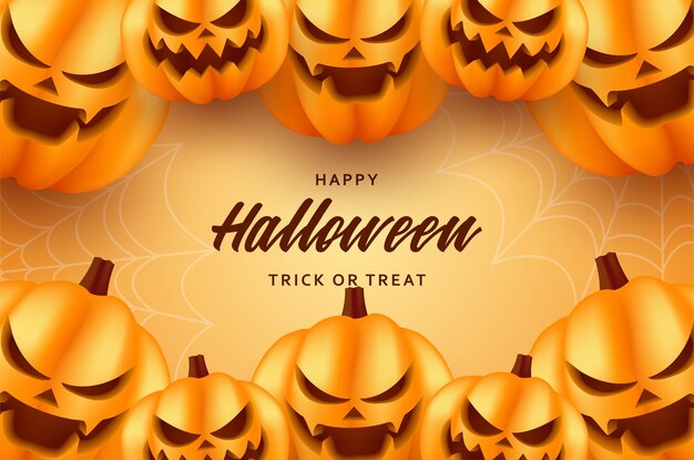 Há uma sorridente festa de abóbora de Halloween em um fundo laranja