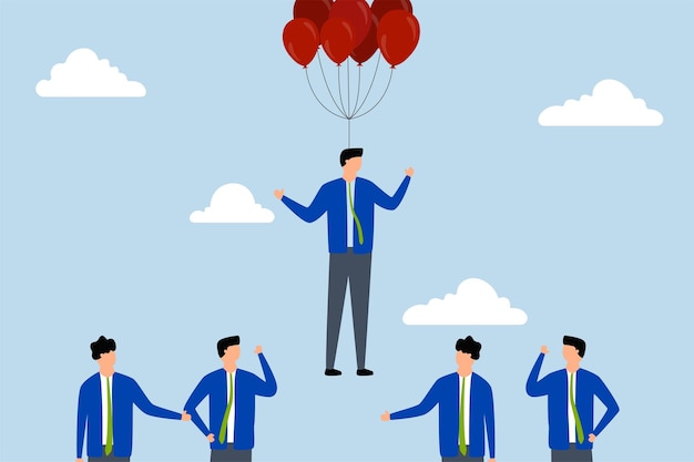 Habilidade de inovação para se diferenciar dos outros Empresário voando acima de outros concorrentes em balão sui
