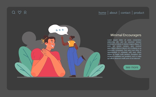 Habilidades de escuta ativa banner da web ou página de destino modo escuro ou noturno personagem atento habilidades suaves