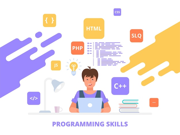 Vetor habilidades de programação programador de trabalho, desenvolvimento de software o conceito de ilustração plana pode usar para web banner, infográficos, imagens de heróis.