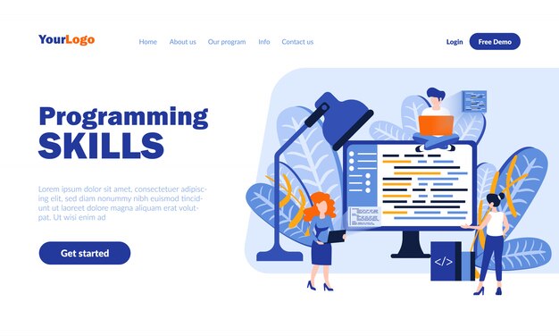 Habilidades de programação vector landing page com cabeçalho