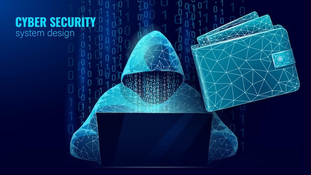 Hacker anônimo no computador portátil segurança da internet ataque cibernético conceito de negócio baixo poli