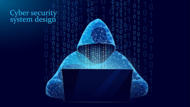 Vetor hacker anônimo no computador portátil segurança na internet conceito de negócios de ataque cibernético baixo poli ilustração em vetor design de linha de ponto poligonal de servidor