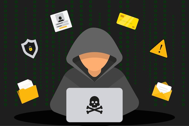 Hacker cibercriminoso com laptop Hacker de capuz preto com laptop tentando atacar cibernético Hacker e criminosos cibernéticos phishing roubando dados pessoais privados Golpe e roubo online