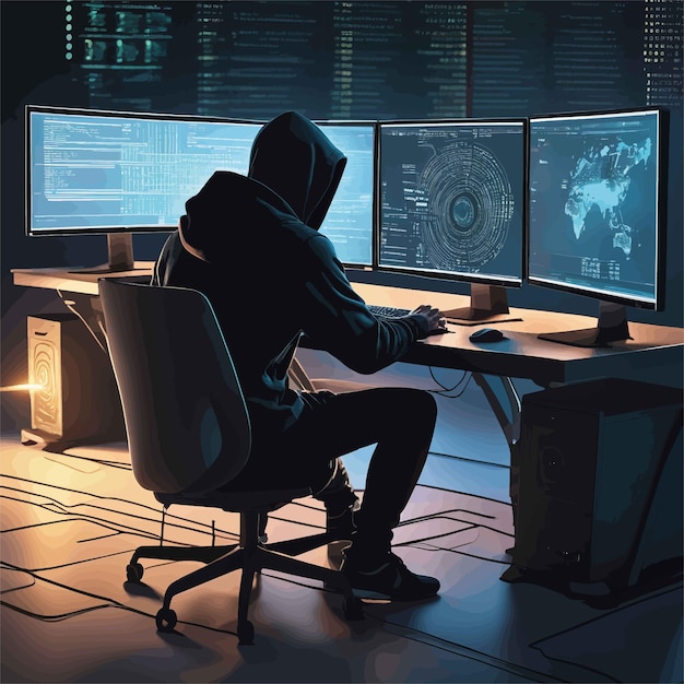 hacker com capuz preto e um hacker de computador com capuz preto e um hacker de computador usando computação