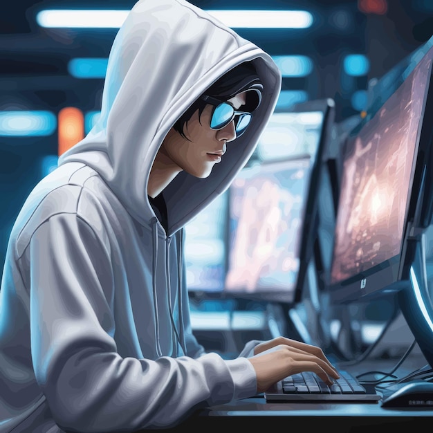 hacker com capuz usando o computador na mesa hacker com capuz usando o computador na mesa hacker inteligente