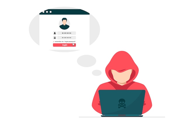 Hacker com laptop roubando login do usuário Hacker sentado no desktop e hackeando dados pessoais do usuário