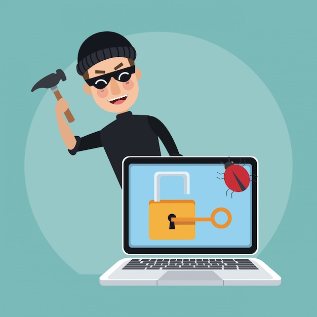 Hacker com martelo e laptop