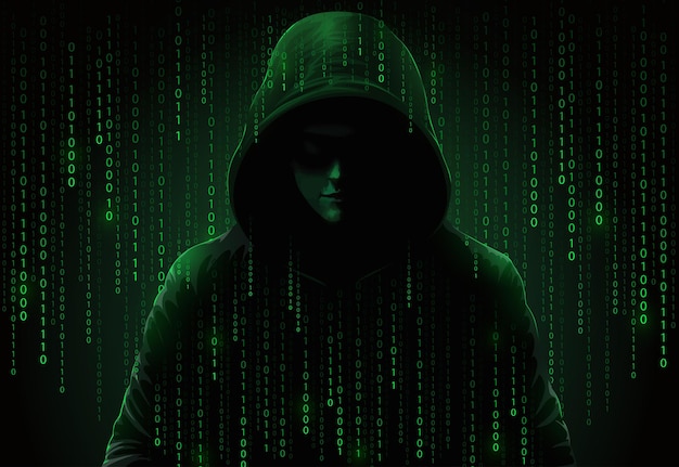 Hacker de computador com capuz rosto escuro obscurecido roubo de dados fraude na internet darknet e conceito de segurança cibernética hacker no fundo da tela com código binário