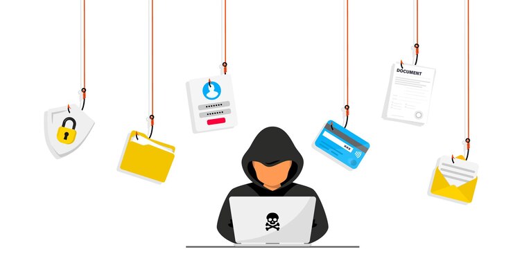 Vetor hacker e criminosos cibernéticos que roubam dados pessoais privados, login de usuário, senha, documento, e-mail e cartão de crédito. phishing e fraude, golpe e roubo online. hacker sentado na mesa