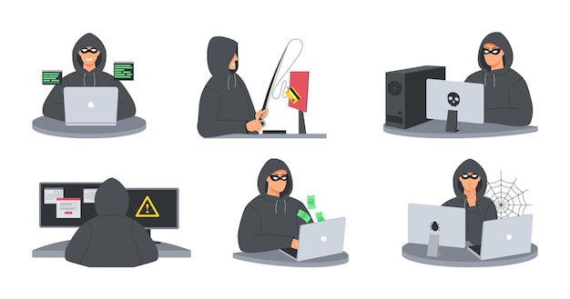 Hacker encapuzado anônimo O atacante cibernético esconde sua identidade e cria ataque de phishing de vírus de computador e roubo de informações Conjunto de ilustração vetorial de crime cibernético de hacker cibernético anônimo