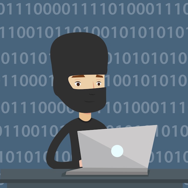 Hacker usando laptop para roubar informações.