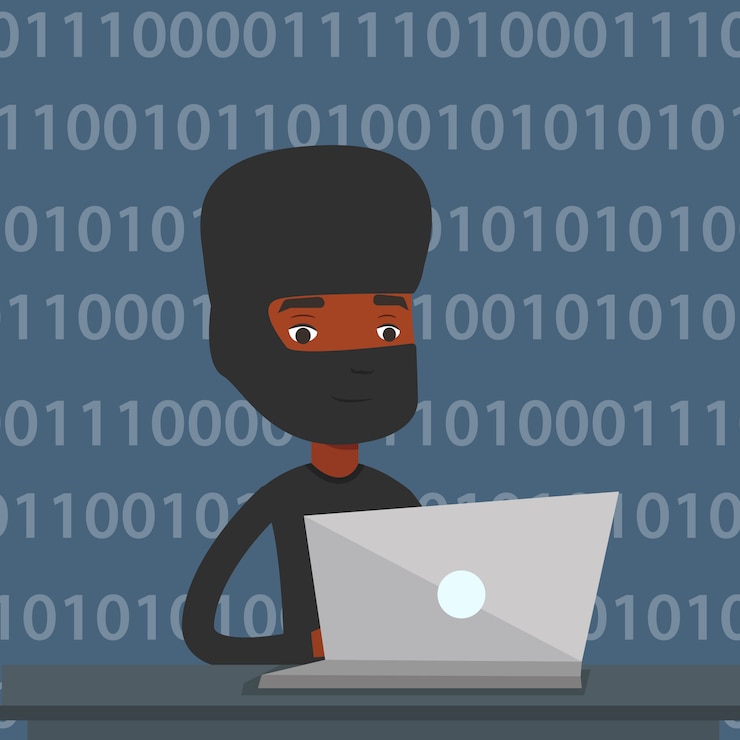 Vetor hacker usando laptop para roubar informações.