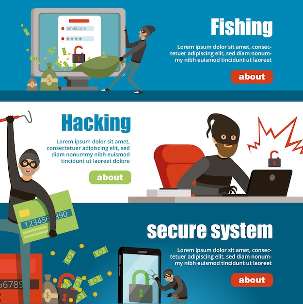 Vetor hackers cibercriminosos ataques digitais de hackers pesca firewalls danificados vector banners de desenhos animados de cibercrime hacker ilustração de internet