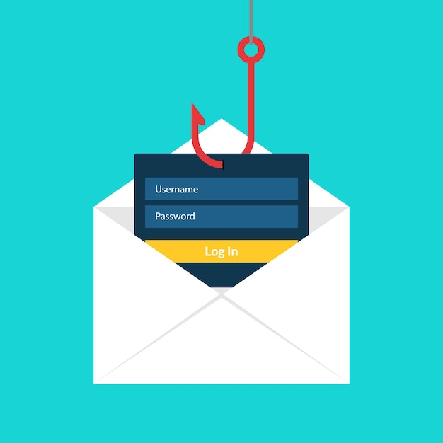 Hacking de phishing de dados online. Conceito de envelope de embuste. Crime de hack de pesca de dados de computador.