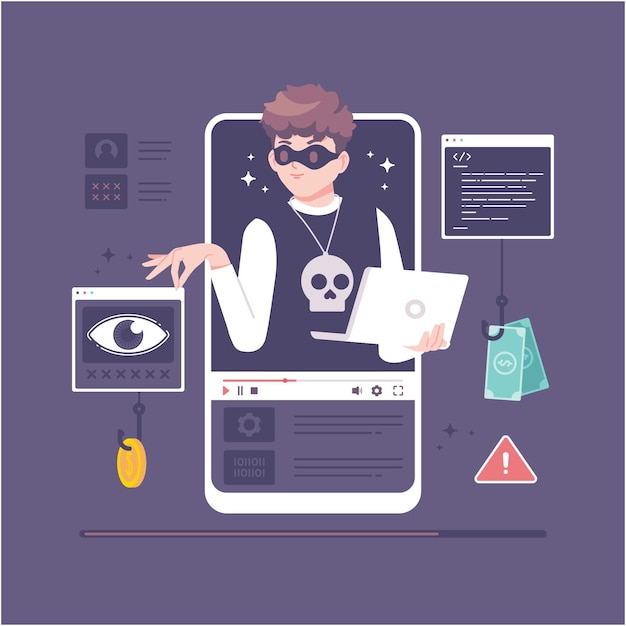 Vetor hacking digital com ilustração de personagem hacker