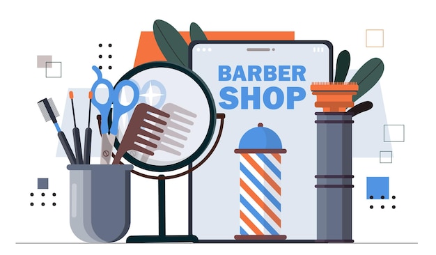 Hairstylist on-line conceito barbearia com tesoura pente de cabelo e trimmer beleza estética e