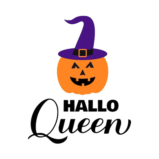 Halloqueen hallo queen lettering citação engraçada de trocadilho de halloween abóbora fofa jack o lanterna modelo vetorial para tipografia cartaz cartão banner camiseta etc