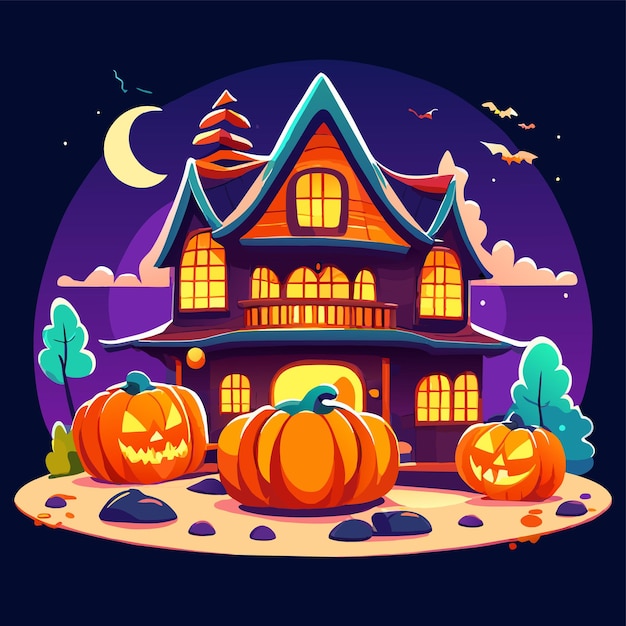 Vetor halloween castelo casa abóbora morcego desenhado à mão plano elegante adesivo de desenho animado conceito de ícone isolado