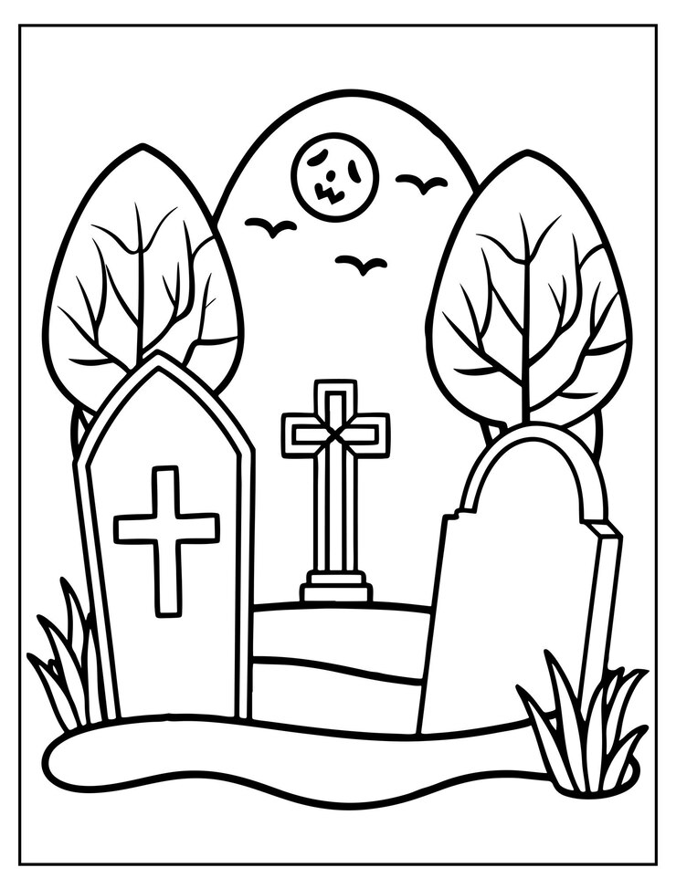Vetor halloween cemitério desenho de página de colorir halloween design vetorial halloween design preto e branco