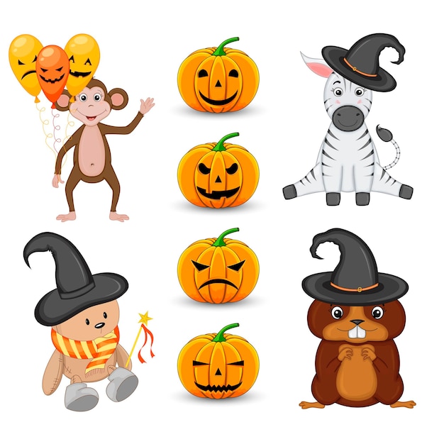 Halloween com animais fofos e atributos tradicionais em fundo branco. estilo de desenho animado. vetor.