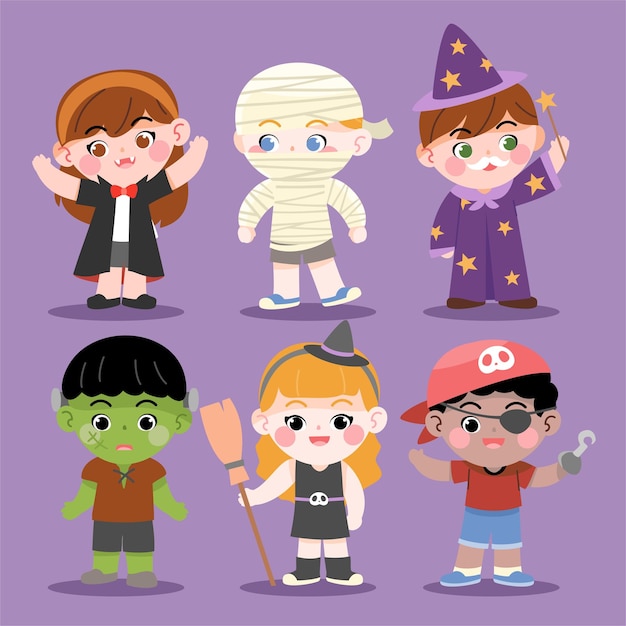 Halloween com fantasia infantil definir personagem fofa de vetor