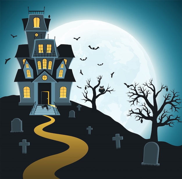Halloween com túmulos, árvores, morcegos