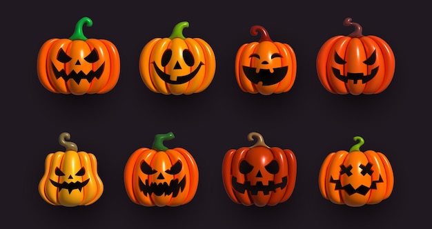 Halloween conjunto de abóbora para férias abóboras laranja infláveis com corte assustador boa alegria sorriso coleção de objetos 3d elementos de design isolados na ilustração vetor de fundo claro