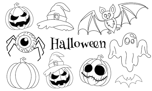 Halloween definir ilustração vetorial. Gost, morcego, abóbora, chapéu de bruxa e olho de aranha doddle halloween