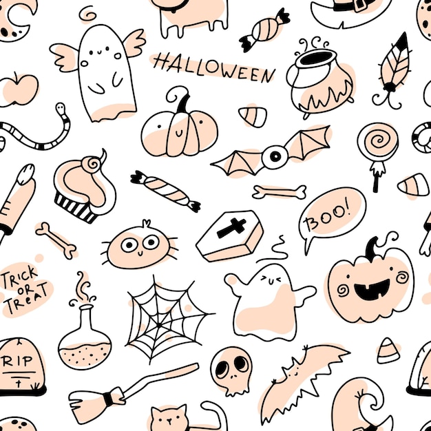 Halloween doodle padrão sem emenda de férias personagens e elementos horríveis desenhados à mão desenho animado