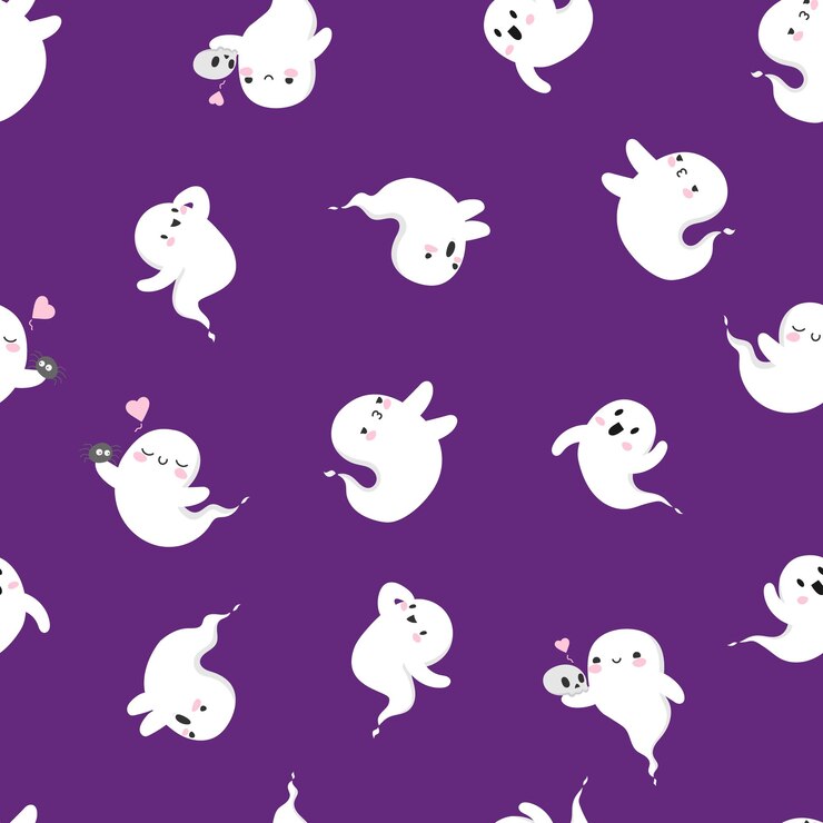 Vetor halloween fantasmas padrão sem emenda bonito espírito kawaii fundo roxo estoque vetor plano desenho animado