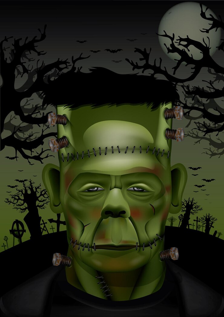 Vetor halloween frankenstein com morcegos e árvore morta
