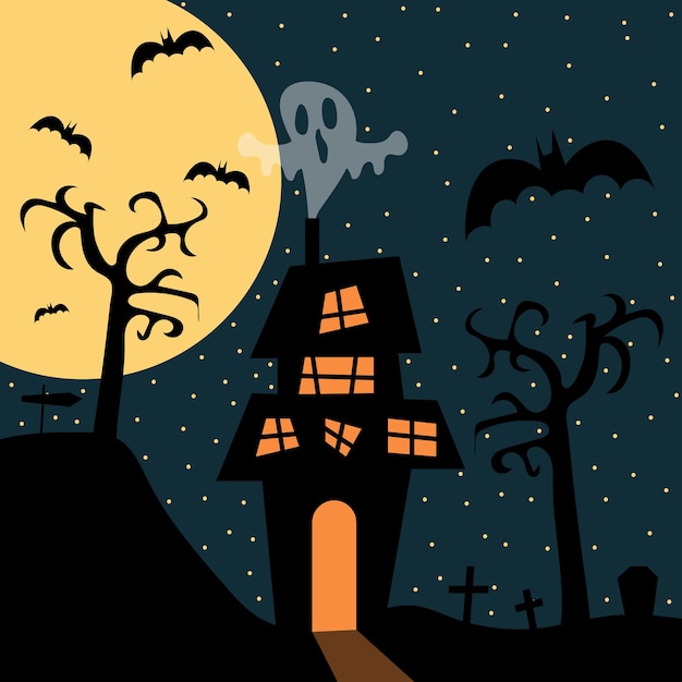 Halloween ilustração casa janelas morcegos lua