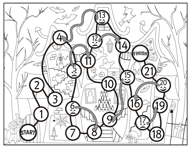 Halloween jogo de tabuleiro preto e branco para crianças com casa mal-assombrada e crianças fofas. jogo de tabuleiro de linha educacional com morcego, esqueleto, fantasma. ajude as crianças a atravessarem a cabana assustadora.