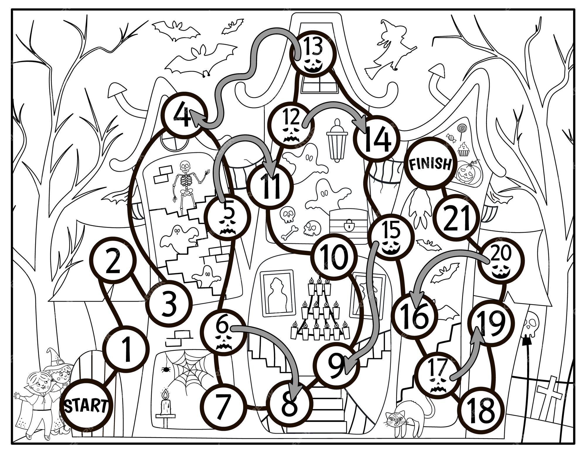 Jogo de tabuleiro de halloween em preto e branco para crianças com bruxa  fofa e animais assustadores javali educacional