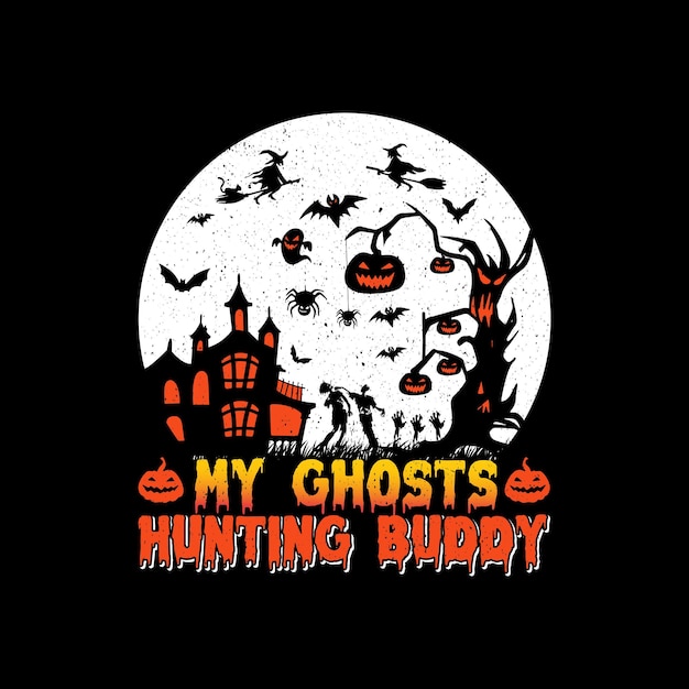 Halloween, retrô, vintage, zumbis, bruxas, meus fantasmas hunting buddy t-shirt design