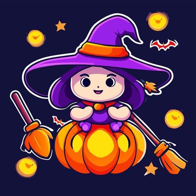 Vetor halloween witch girl abóbora desenhada à mão plana elegante adesivo de desenho animado conceito de ícone isolado