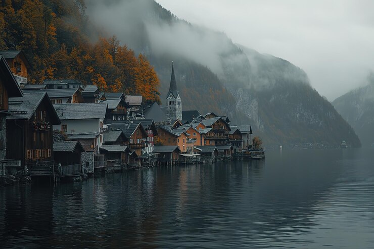 Vetor hallstatt, áustria uma aldeia de conto de fadas à beira de um lago nos alpes paisagens deslumbrantes arquitetura encantadora