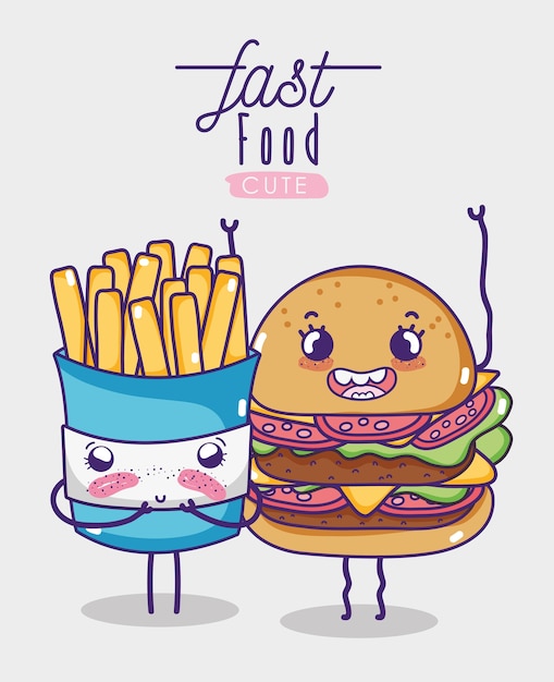 Hamburger e batata frita kawaii cartoon