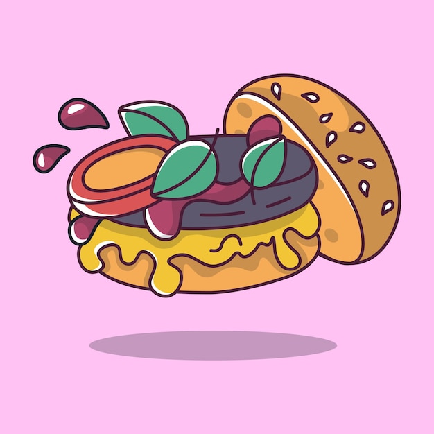 Hambúrguer com ketchup de queijo e ilustração em estilo cartoon de verduras ilustração vetorial