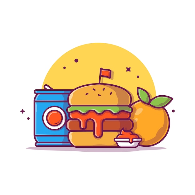 Hambúrguer com refrigerante e laranja fruta icon ilustração. conceito de ícone de fast-food isolado. estilo cartoon plana