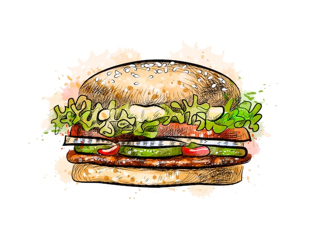 Vetor hambúrguer com um toque de aquarela, esboço desenhado à mão. ilustração vetorial de tintas
