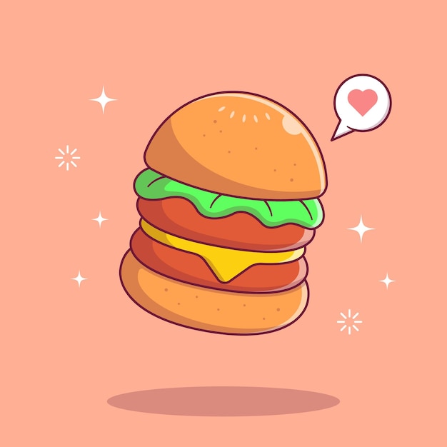 Hambúrguer de carne com ilustração de desenhos animados plana de amor.