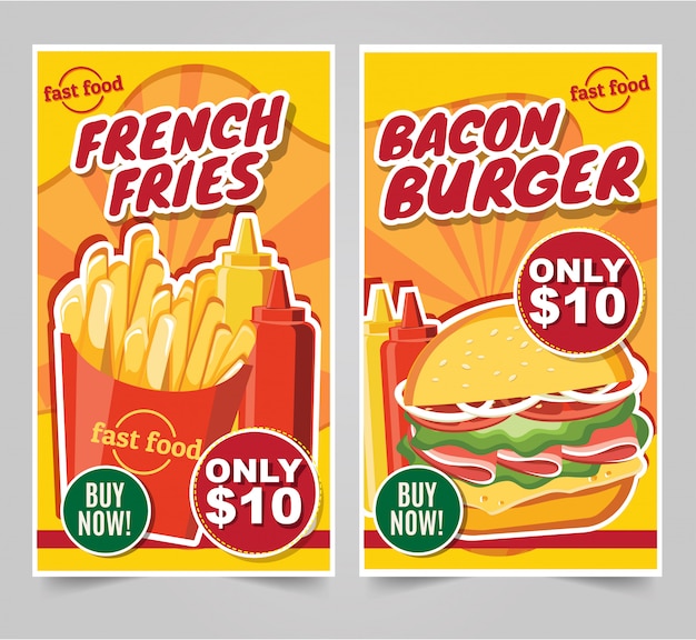 Hambúrguer de fast-food, fast-food refeições banners saboroso conjunto fast-food vector