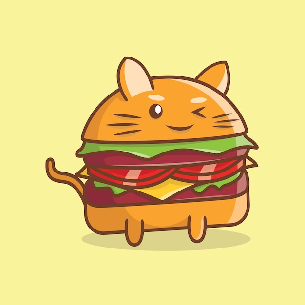 Hambúrguer de gato fofo desenho vetorial ícone ilustração logotipo mascote desenhado à mão conceito trandy cartoon