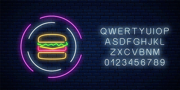 Vetor hambúrguer de néon brilhante assina em quadros de círculo com alfabeto em um fundo de parede de tijolo escuro. símbolo de luz outdoor de fastfood. ilustração vetorial.