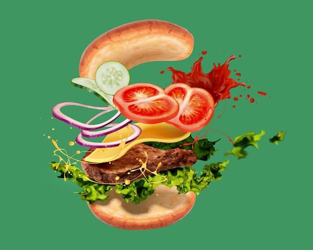 Hambúrguer delicioso com ingredientes voando no ar sobre fundo verde na ilustração 3d